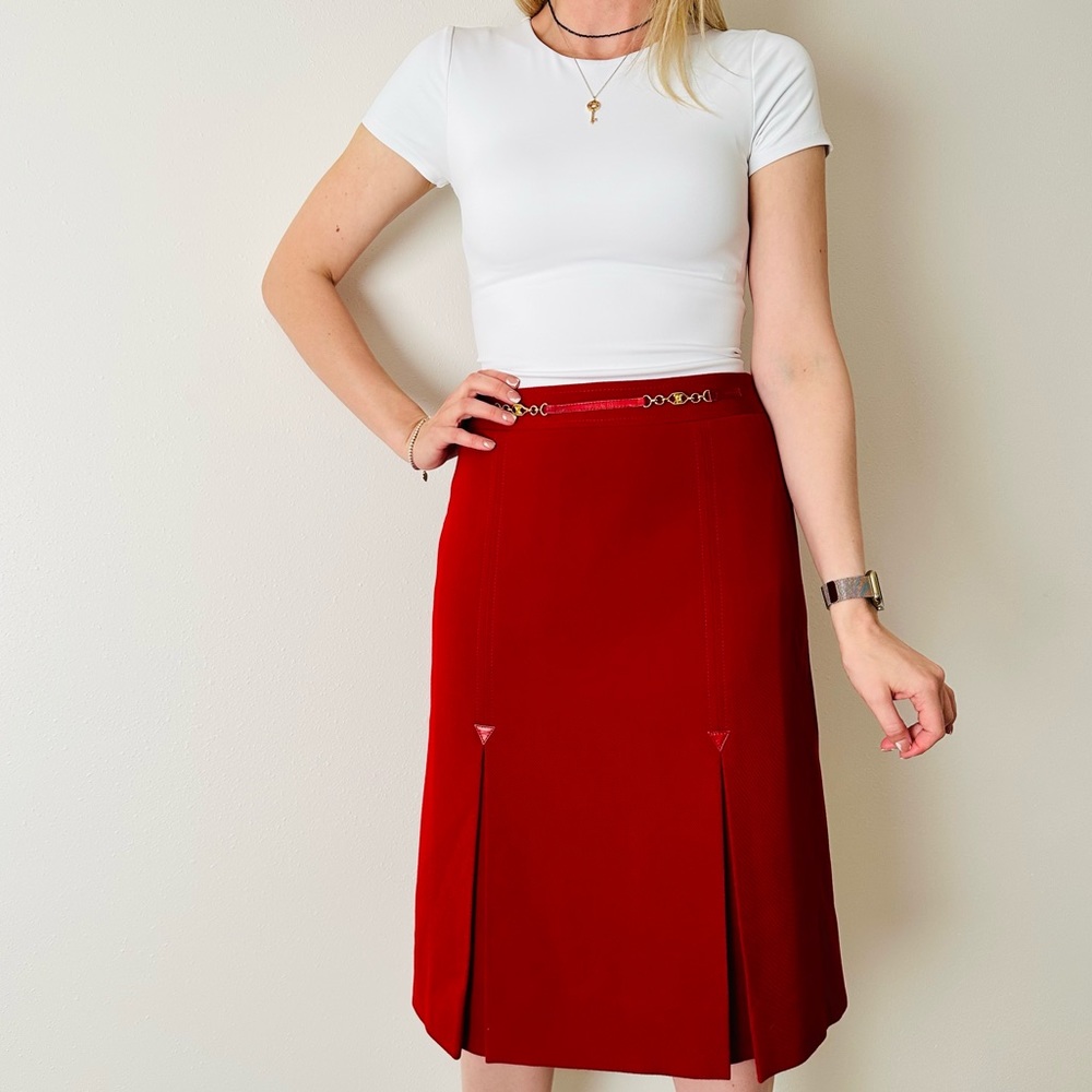 Authentic Celine 100% wool pleated midi skirt with gold chain waist saffron red